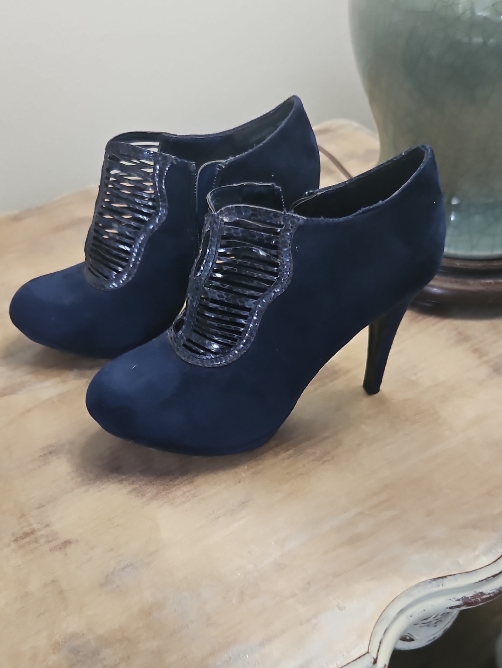 Navy Suede High-Heel Ankle Booties with Decorative Gloss Trim